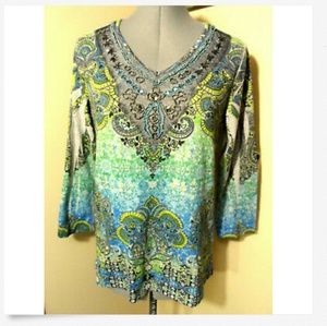 CHRISTOPHER & BANKS Beaded Top S Blue Green V-neck beautiful medallion Boho prin